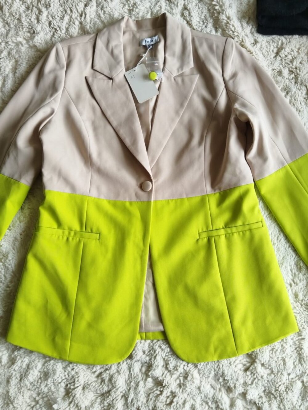 New Fate blazer, beige and neon lime green color-block design, medium size.